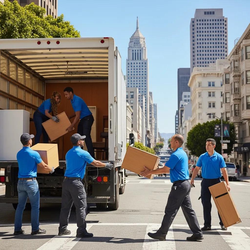 Professional movers loading furniture into a truck on a San Francisco street, showcasing urban logistics and teamwork