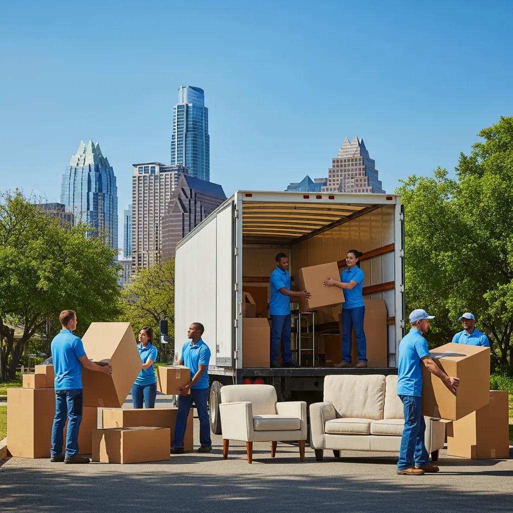 Professional movers packing and loading furniture into a moving truck in an Austin neighborhood, showcasing local moving services with city skyline in the background.