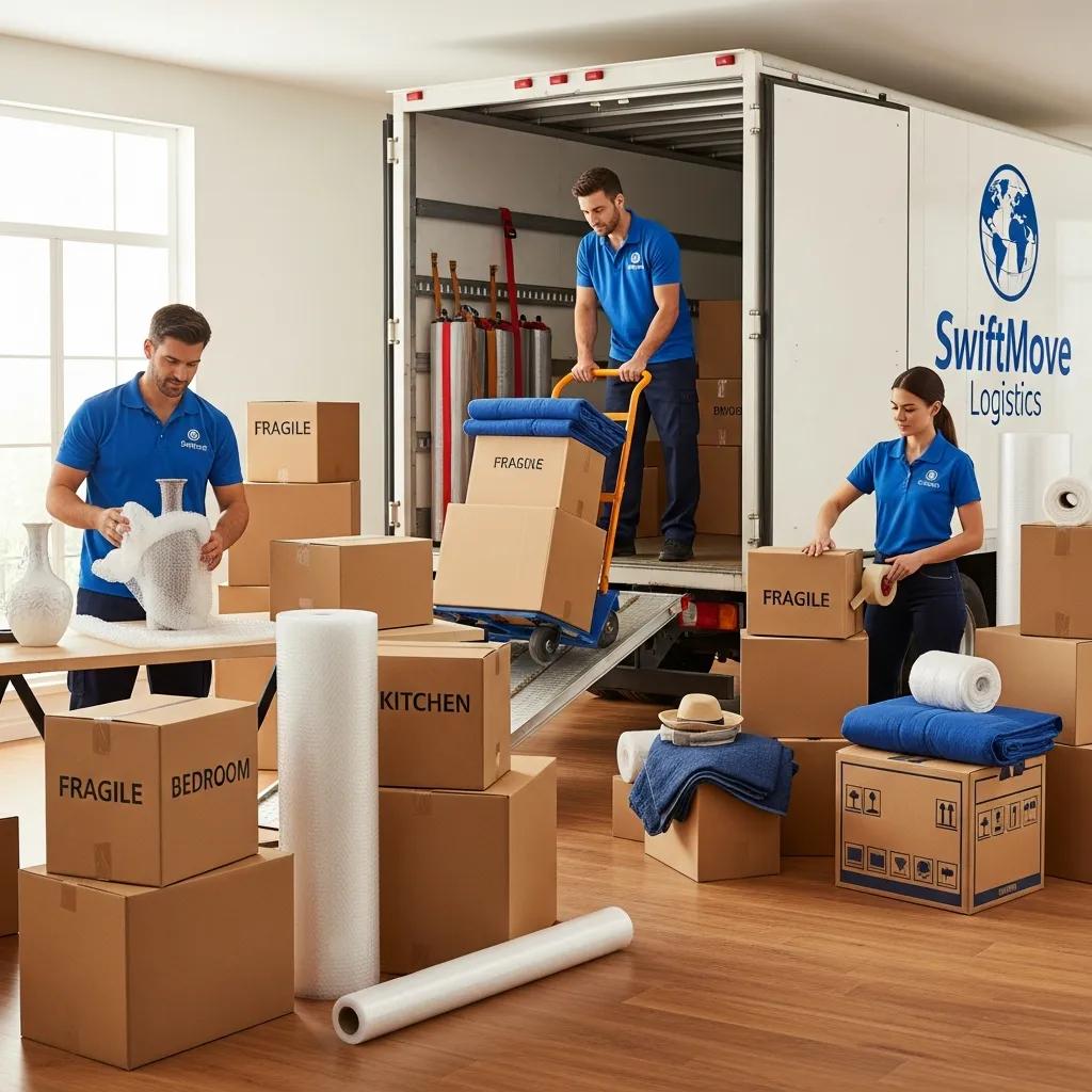 Professional movers packing and loading fragile items into a truck, surrounded by labeled boxes and packing materials, illustrating comprehensive long-distance moving services.