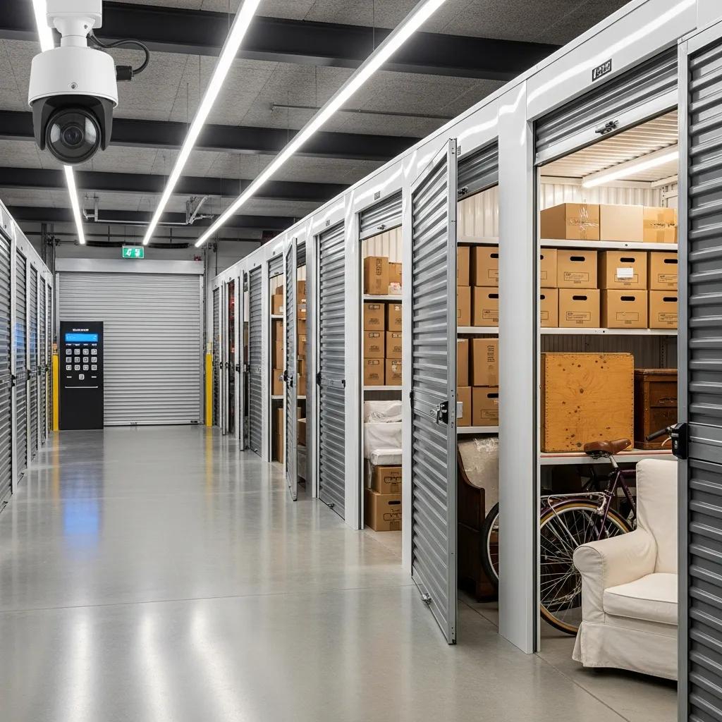 Secure storage facility with climate-controlled units, organized space featuring boxes, furniture, and a bicycle, supporting moving services in Houston.