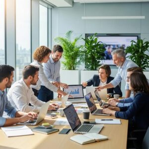 Team collaboration in a modern office setting, emphasizing organization and teamwork