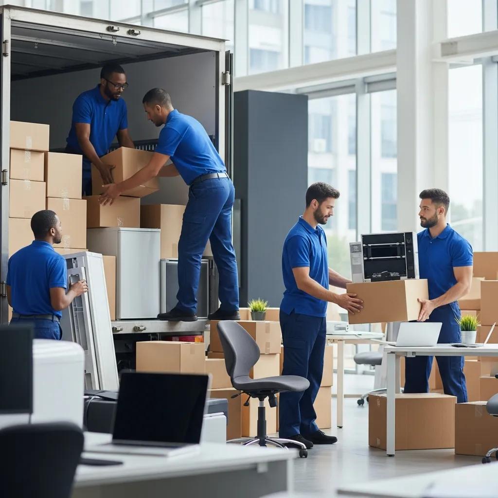 Team of professional movers packing office equipment into a moving truck in a modern office setting