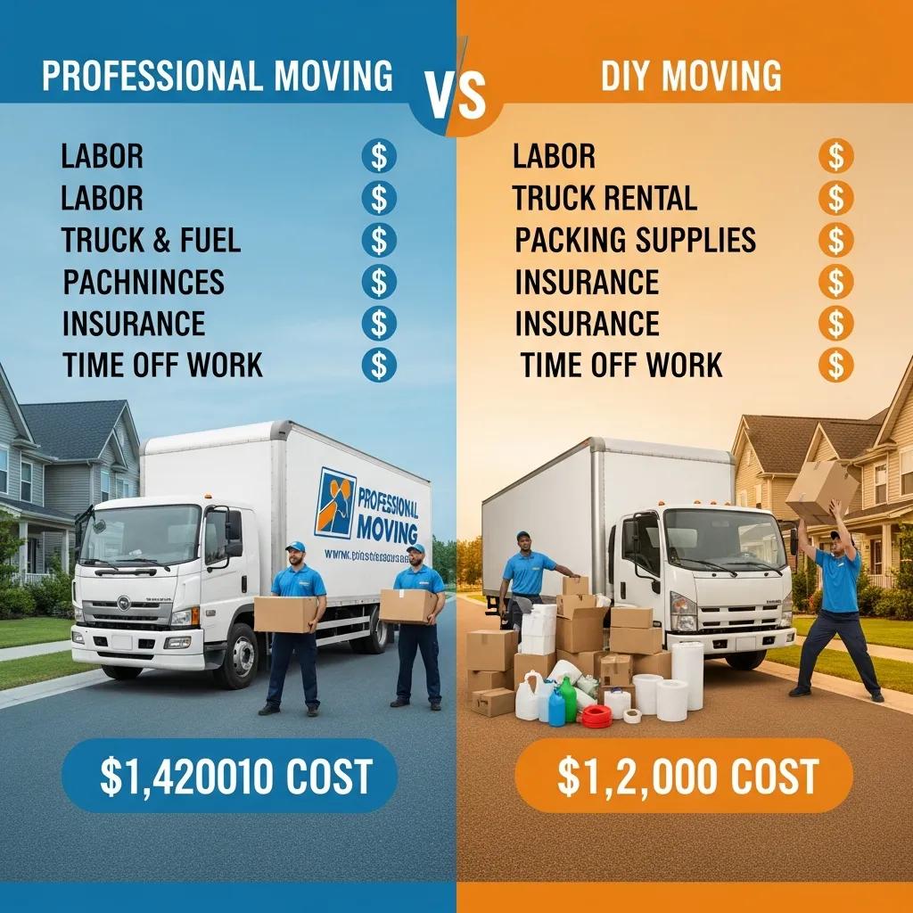 Visual comparison of costs between professional moving services and DIY moving options, featuring two moving trucks and lists of associated expenses for each approach, highlighting the financial implications of labor, supplies, and time off work.