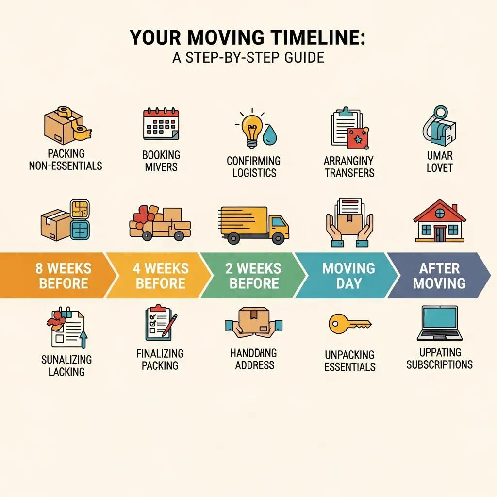 Visual timeline of moving tasks highlighting key actions: packing non-essentials, booking movers, confirming logistics, arranging transfers, with phases labeled "8 weeks before," "4 weeks before," "2 weeks before," "moving day," and "after moving," relevant to a comprehensive moving guide by Your Hometown Mover.
