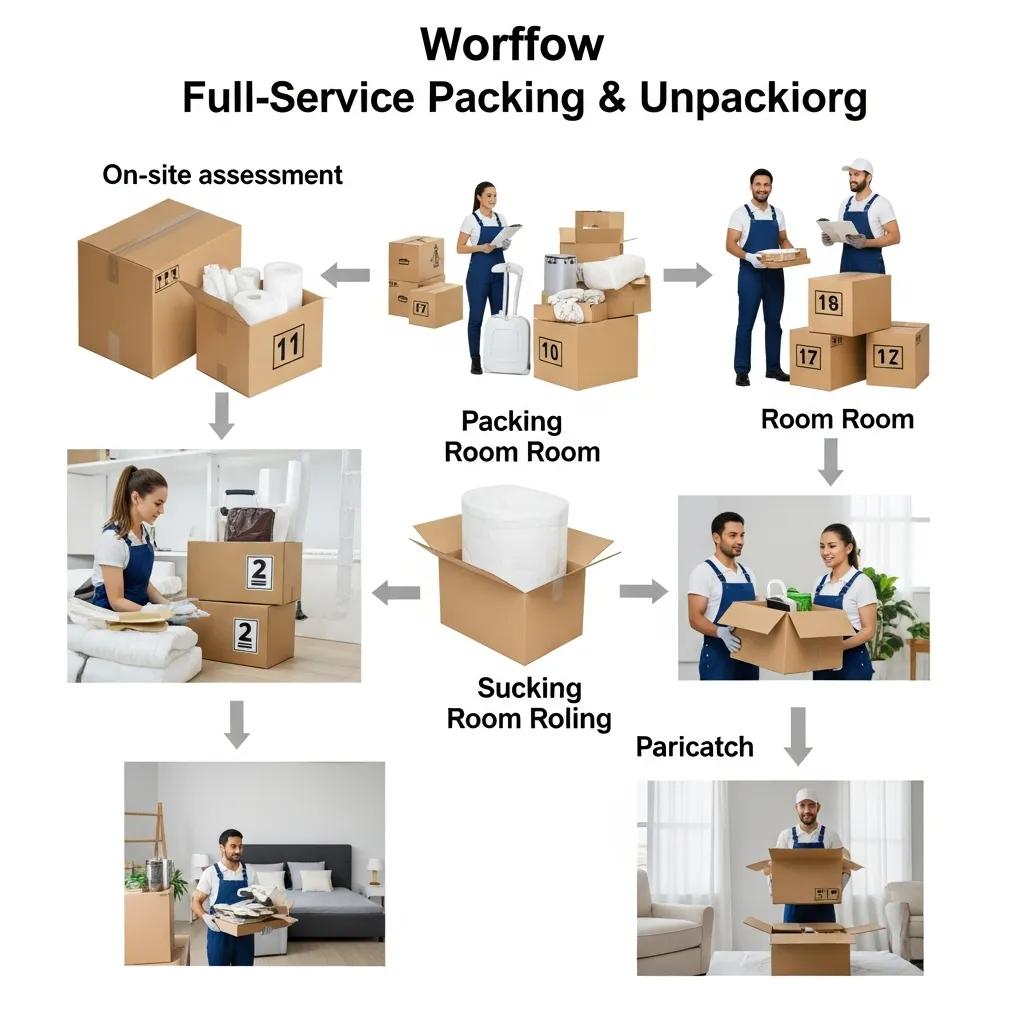 Workflow diagram illustrating full-service packing and unpacking process, featuring movers assessing, packing items, and unpacking in various rooms, emphasizing organization and efficiency in moving services.