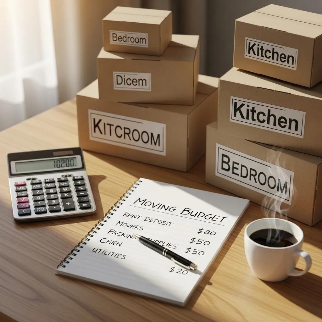 Calculator and budget plan for moving costs, emphasizing financial planning for relocation