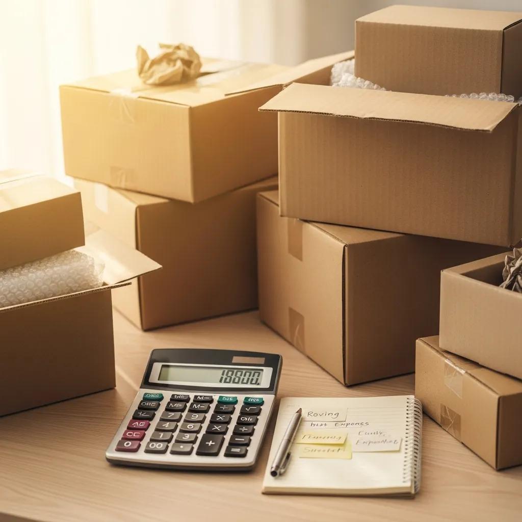 Calculator and moving boxes on a table, illustrating budgeting for moving costs from Illinois to Arizona.