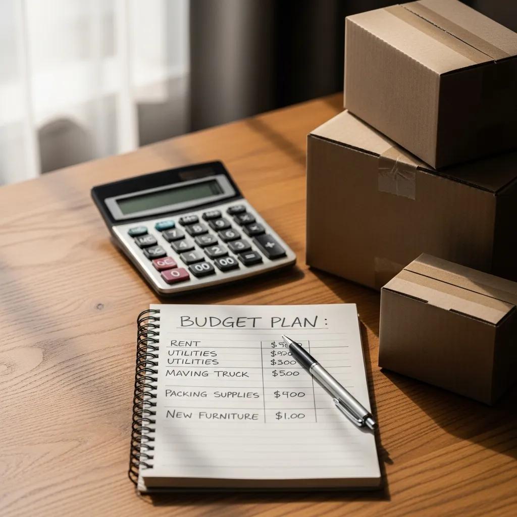 Calculator and budget plan notebook with moving expenses, alongside cardboard boxes, illustrating budgeting for a move from Connecticut to North Carolina.