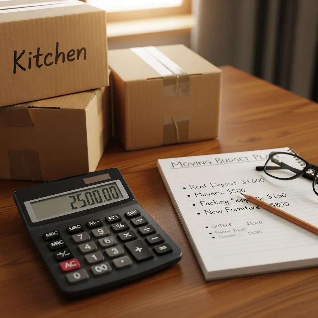 Calculator displaying $2500 alongside moving boxes labeled "Kitchen" and a notepad outlining a moving budget plan for relocation costs from New Jersey to Florida.
