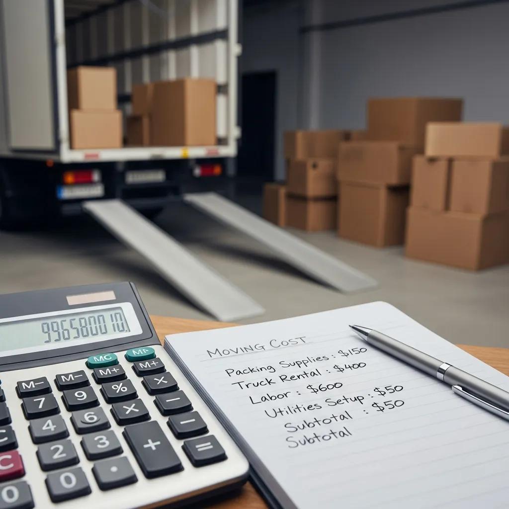 Calculator and moving cost estimates, highlighting budgeting for relocation from NJ to GA