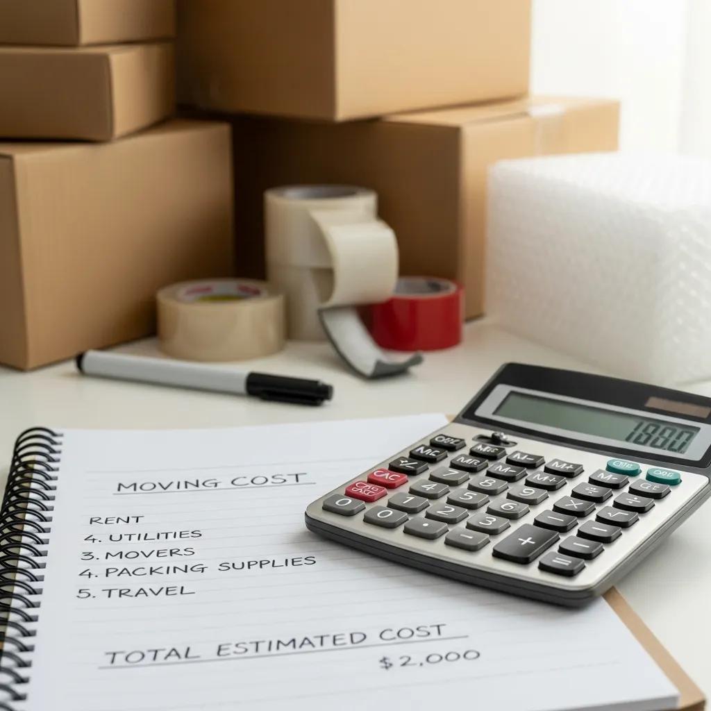 Calculator on notepad with moving cost estimates, including rent, utilities, movers, packing supplies, and travel, highlighting budgeting for an interstate move.