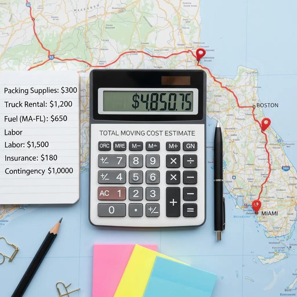 Calculator displaying total moving cost estimate of $4,850.75 with itemized expenses for relocating from Massachusetts to Florida, including packing supplies, truck rental, fuel, labor, insurance, and contingency, placed on a map illustrating the route from Boston to Miami.