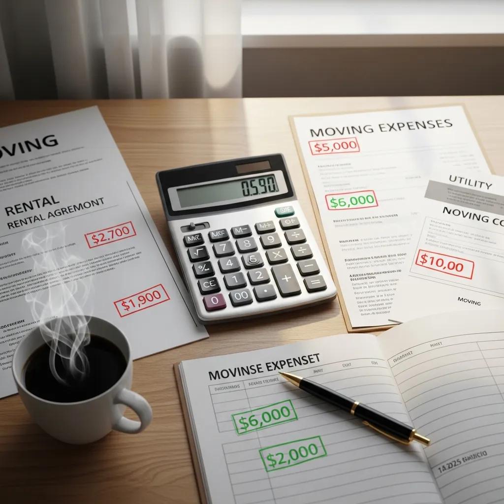 Calculator and moving expense documents highlighting budgeting for relocation costs