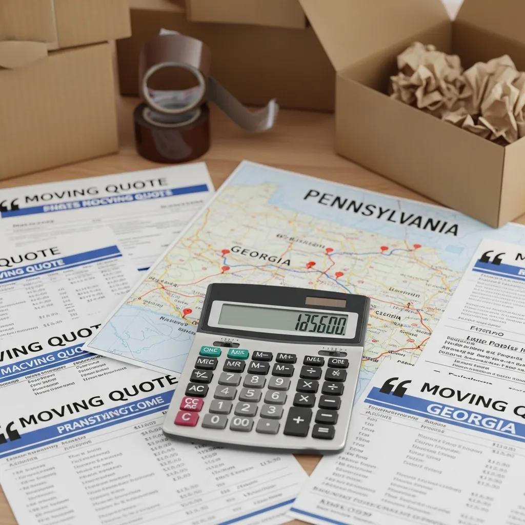 Calculator displaying moving costs on a map of Pennsylvania and Georgia, surrounded by moving quotes and packing materials, illustrating budgeting for relocation expenses.