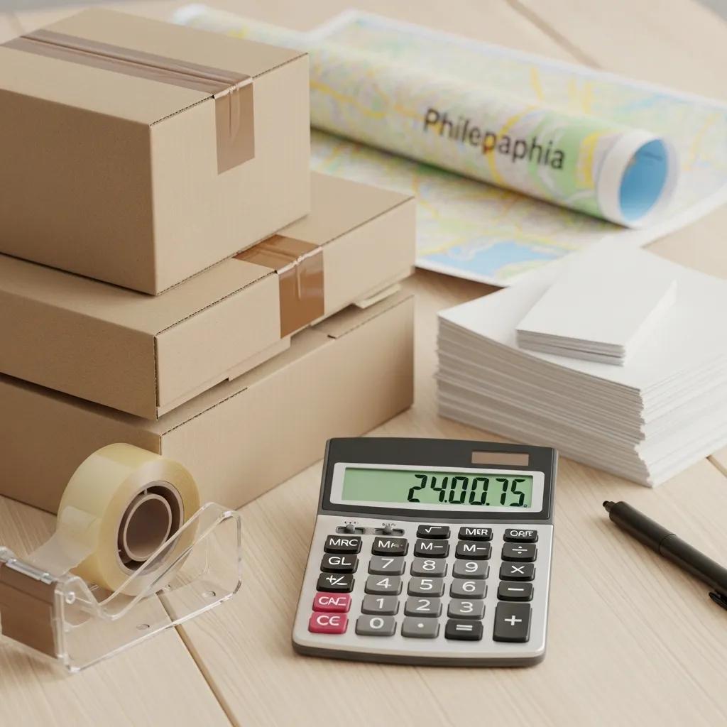 Calculator displaying moving costs alongside packing boxes, tape, and stationery on a table, representing cost considerations for local movers in Philadelphia.