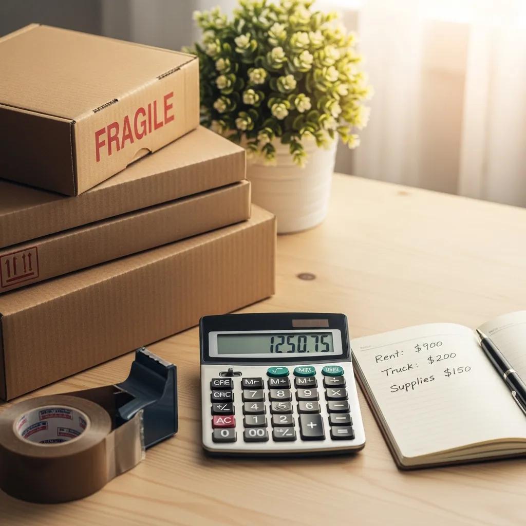Calculator and moving supplies representing budgeting for local moving costs