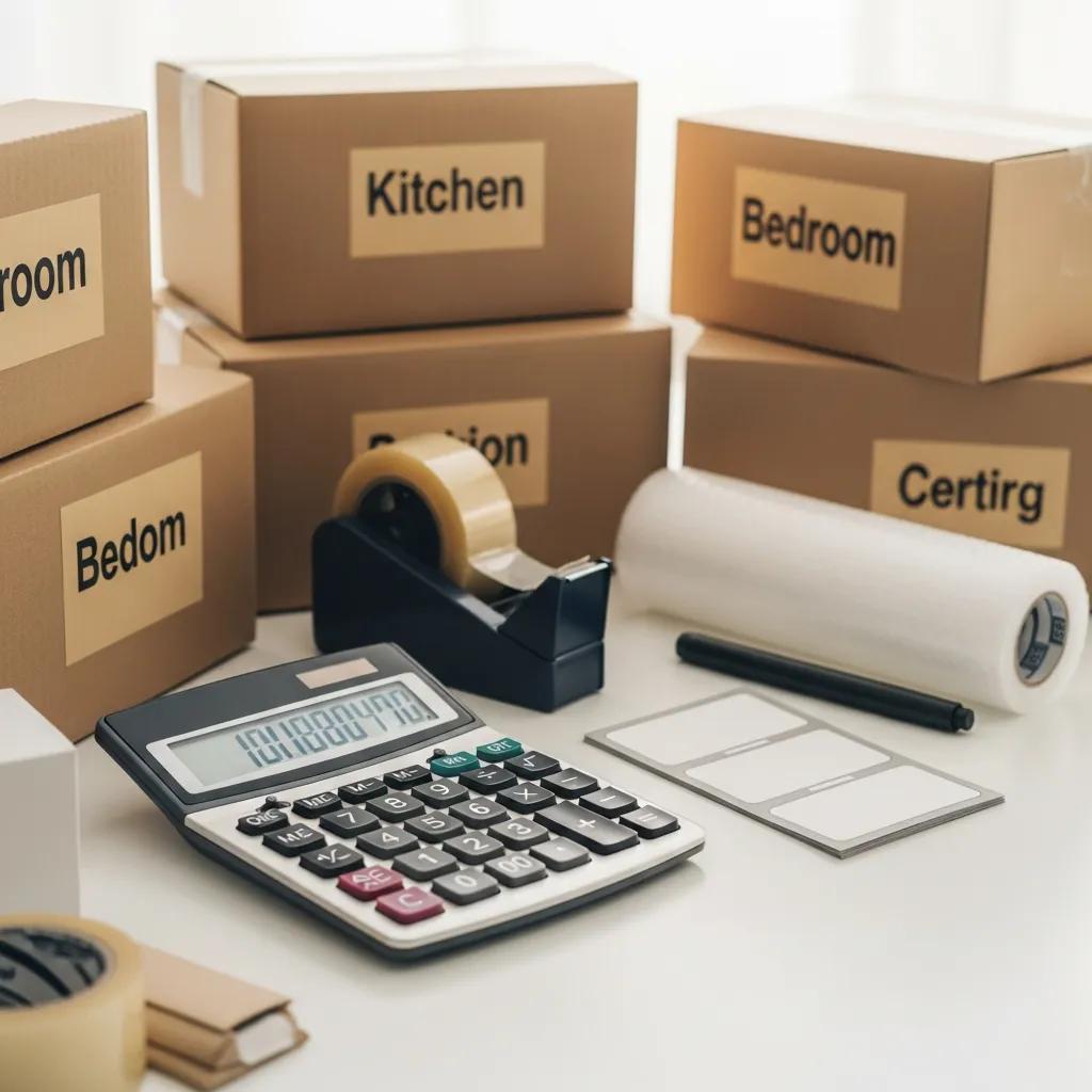 Calculator and packing supplies on a table, with labeled boxes for kitchen and bedroom, representing budgeting for moving costs from Pennsylvania to North Carolina.