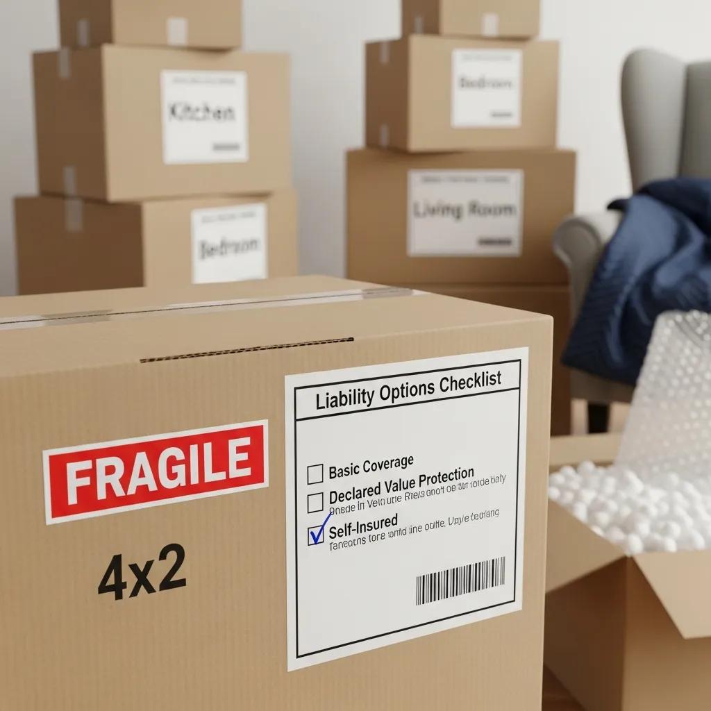 Close-up of a moving box labeled 'Fragile' with a checklist of liability options, illustrating the importance of understanding moving protections