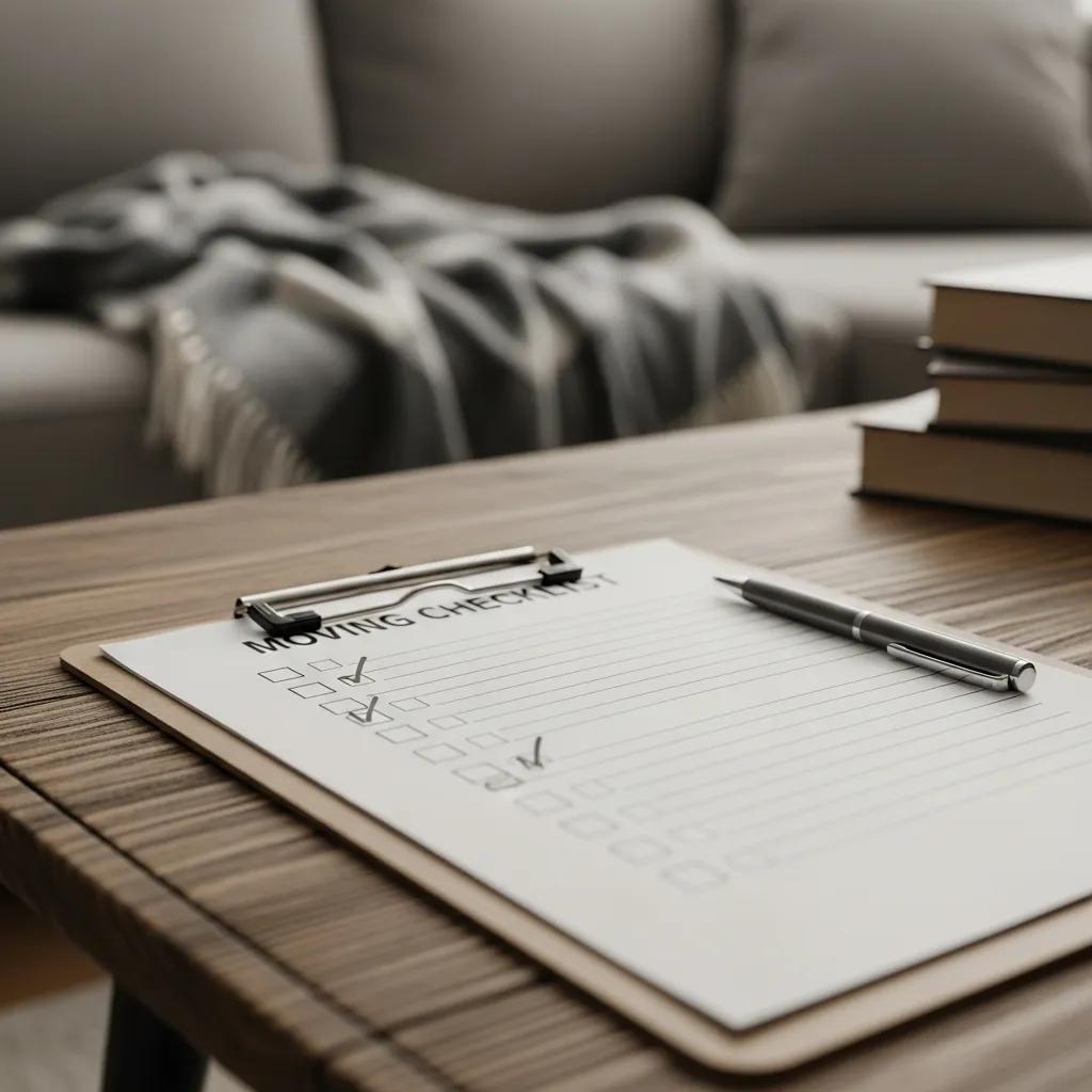 Close-up of a moving checklist on a clipboard in a cozy living room