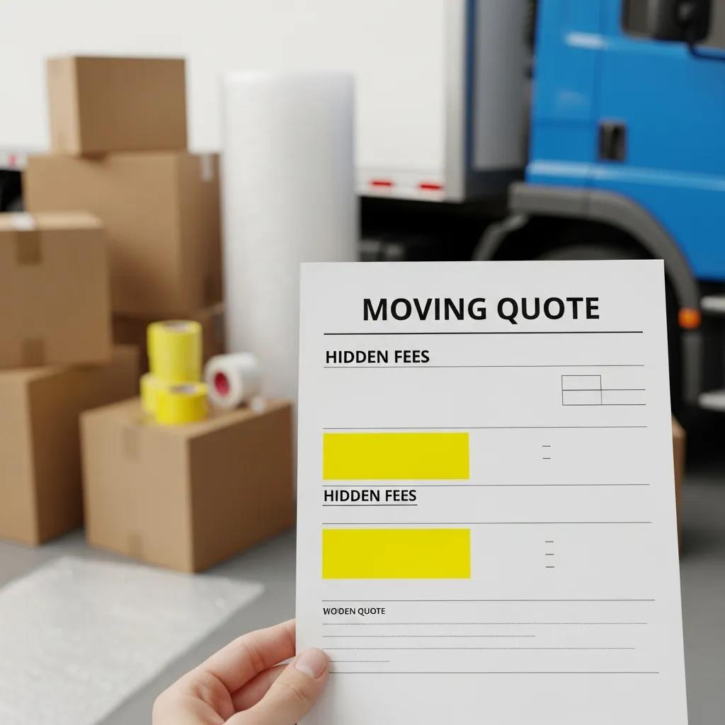 Close-up of a moving quote document highlighting hidden fees, with packing materials and a moving truck in the background