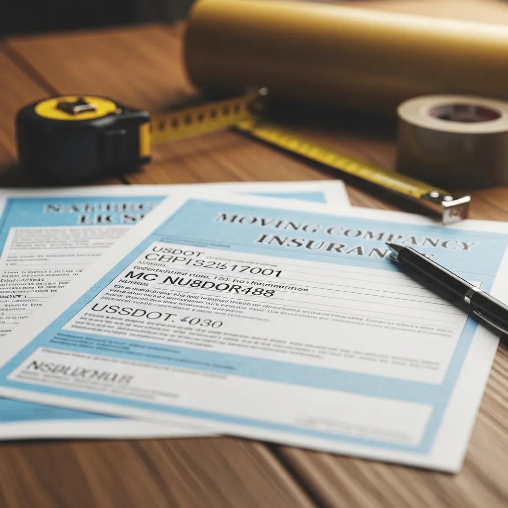Close-up of moving company license and insurance documents on a table, highlighting the importance of verification