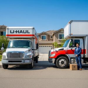 Comparison of a U-Haul truck and a professional moving truck in a suburban setting, illustrating the choice between DIY and professional moving services.