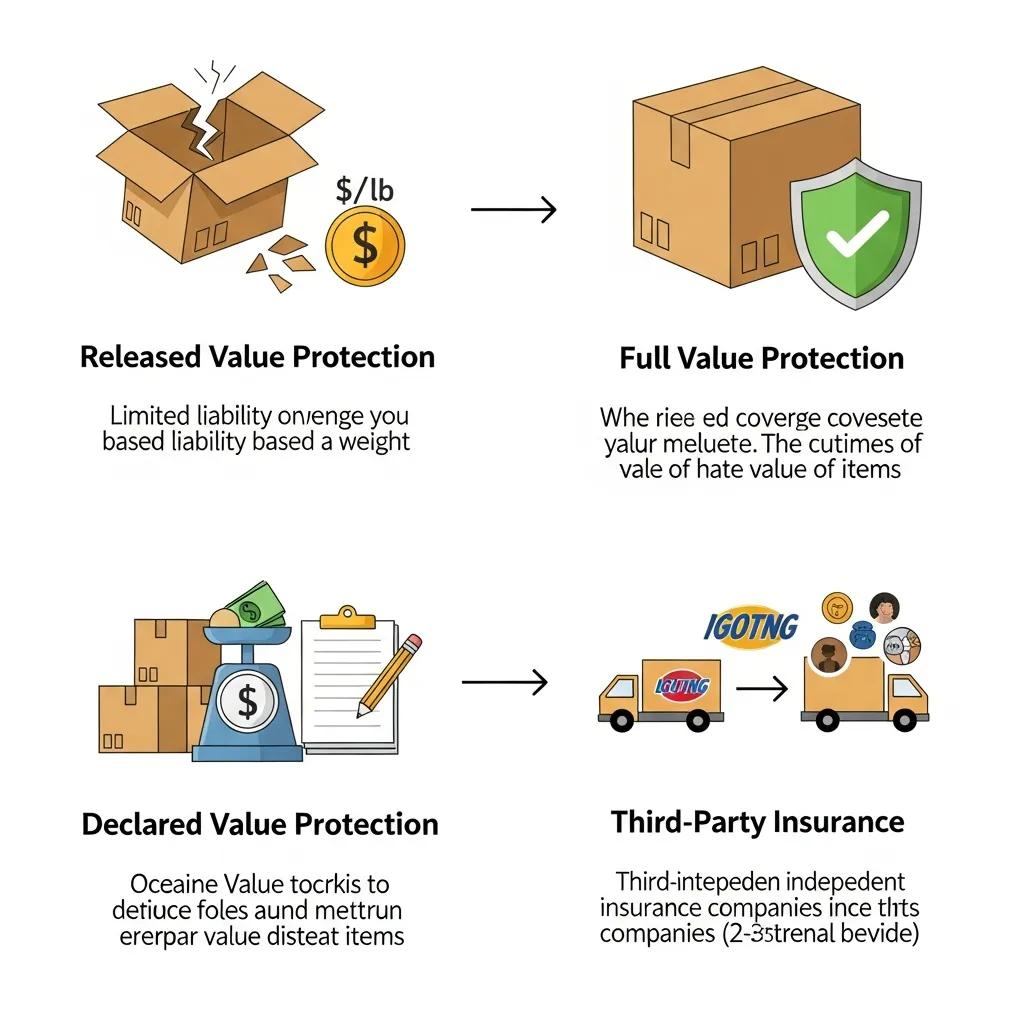 Comparison of moving insurance types: Released Value Protection, Full Value Protection, Declared Value Protection, and Third-Party Insurance, illustrating compensation mechanisms and coverage characteristics.