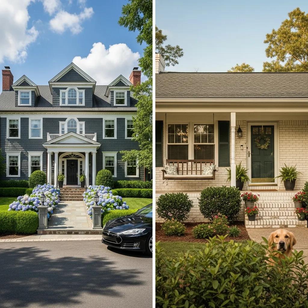 Comparison of two homes: a large, elegant house with a manicured garden and hydrangeas on the left, and a cozy, smaller home with a welcoming porch and a dog on the right, illustrating housing differences between Massachusetts and North Carolina.