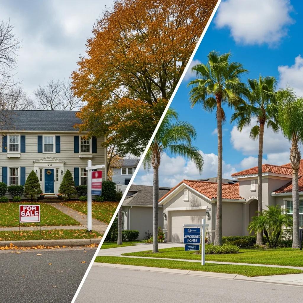 Comparison of a traditional home for sale in Poughkeepsie, NY, with autumn foliage, and a modern home in Orlando, FL, featuring palm trees and a sign for affordable homes.