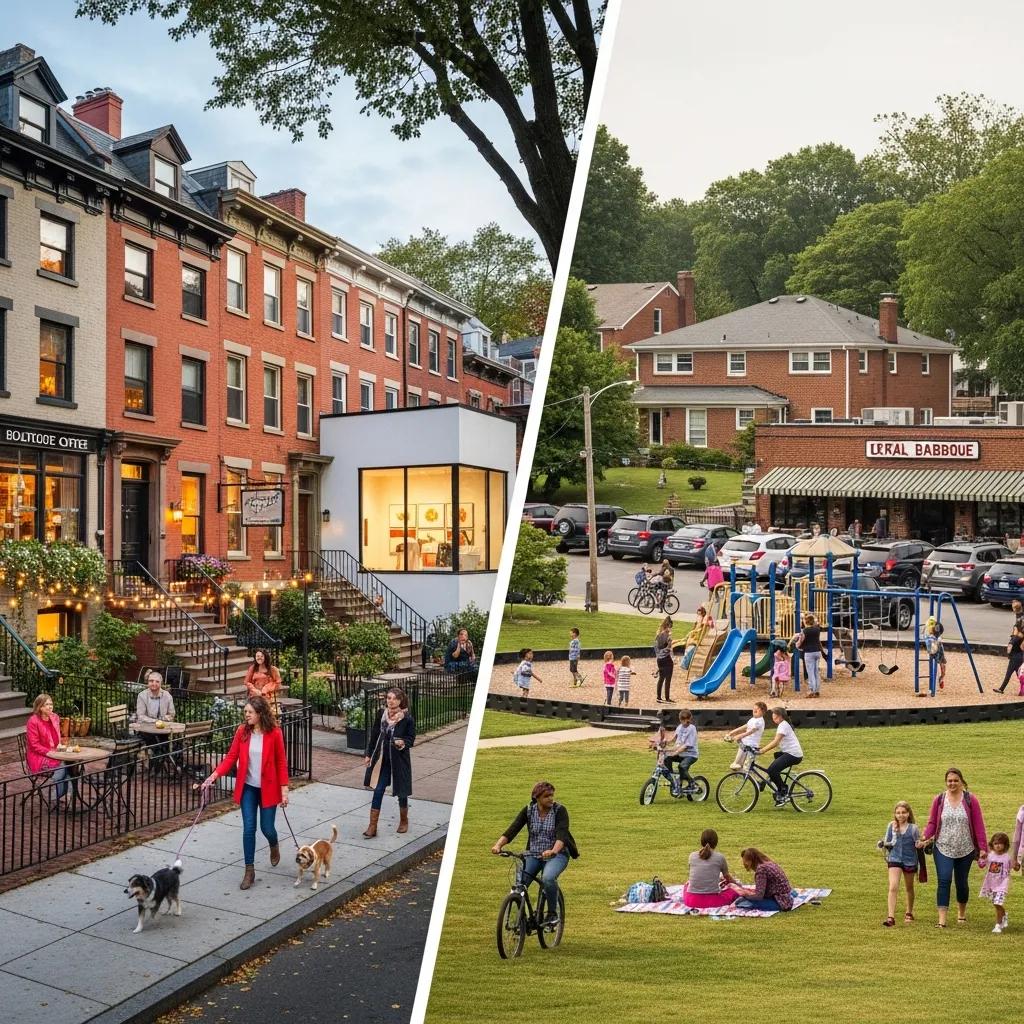 Comparison of urban and suburban life: vibrant city streets with cafes and pedestrians on the left, and family-friendly community park with children playing and biking on the right, illustrating lifestyle differences between Beacon, NY and Charlotte, NC.