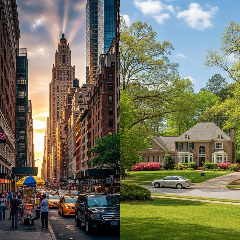 Comparison of New York City urban landscape with bustling streets and Georgia suburban home with green lawn and blooming flowers, highlighting lifestyle differences in relocation considerations.
