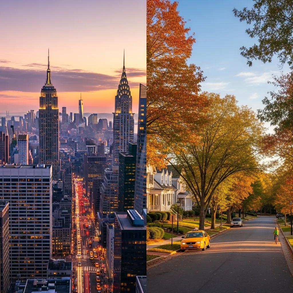 Comparison of New York City skyline with iconic skyscrapers on the left and a peaceful North Carolina neighborhood adorned with autumn foliage on the right, illustrating the contrast in lifestyle and cost of living between the two locations.