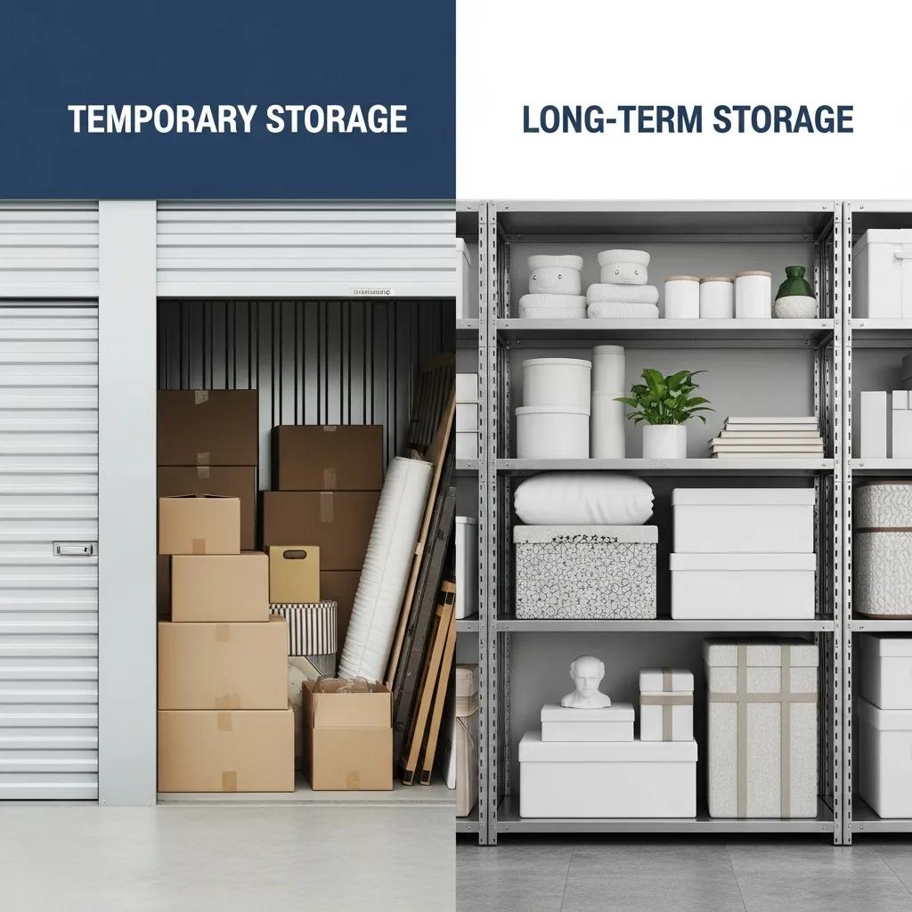 Temporary storage unit with stacked boxes and supplies on the left, contrasted with organized long-term storage shelves featuring labeled containers and decorative items on the right, illustrating flexible storage solutions for moving.
