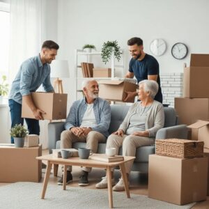 Compassionate senior moving services assisting an elderly couple in a cozy living room