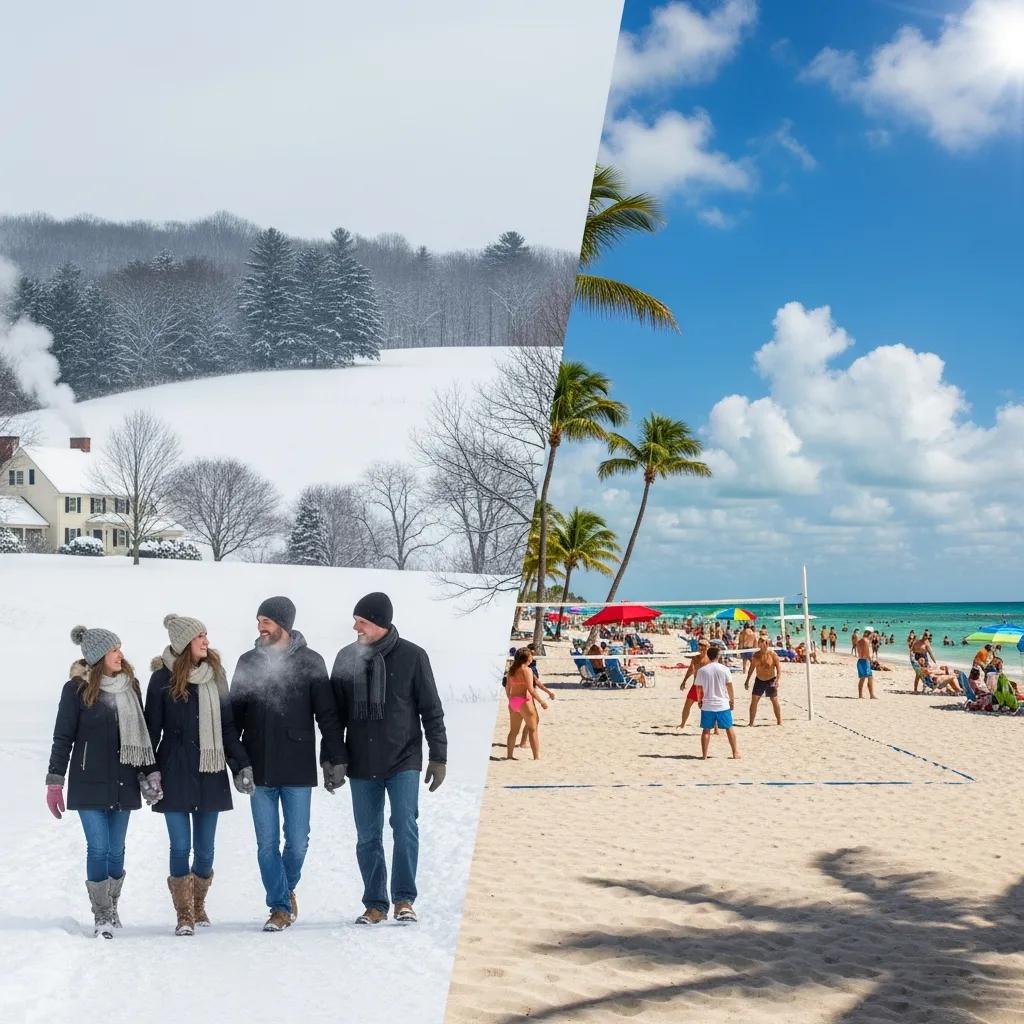 Contrasting climates: snowy Connecticut winter with families walking in winter attire and sunny Florida beach scene featuring palm trees and beachgoers enjoying outdoor activities.