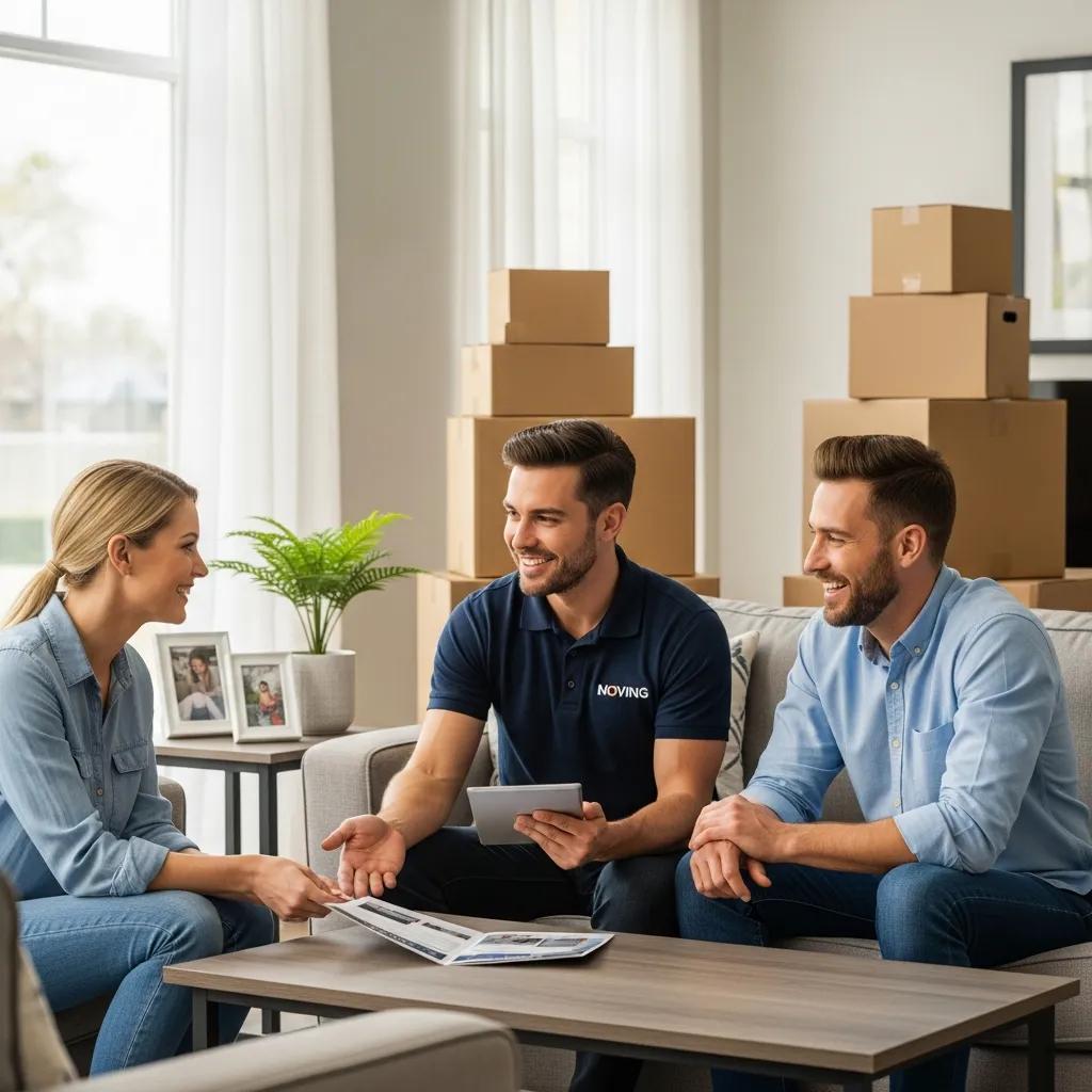 Couple consulting with a moving company representative about relocation options, discussing moving services from Connecticut to North Carolina, surrounded by moving boxes.