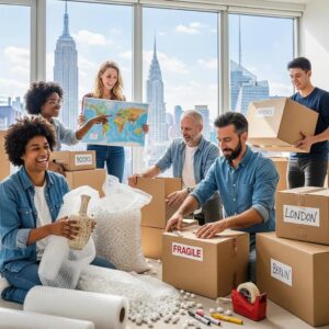 Diverse group packing for international move in New York City apartment