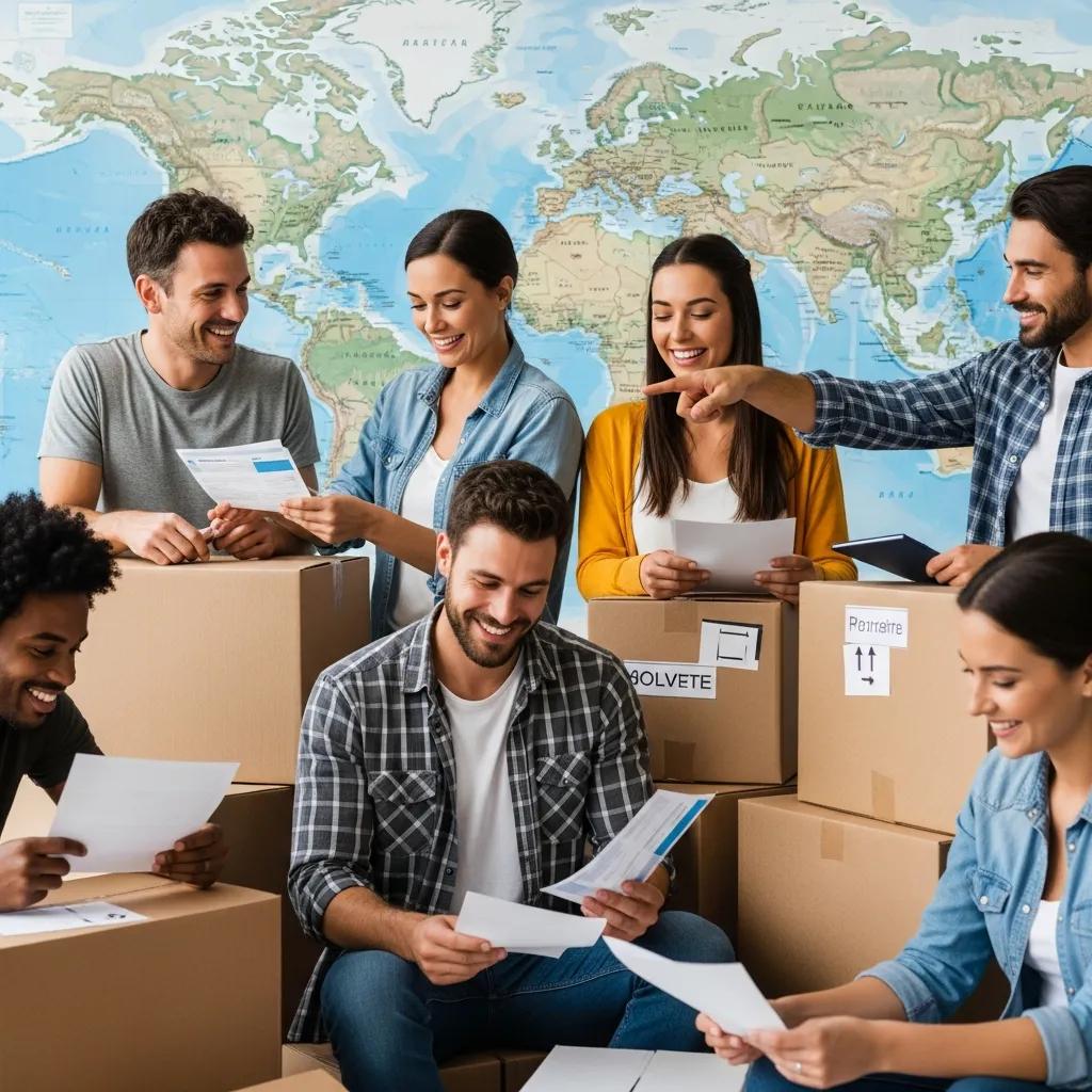 Diverse group of people preparing for an international move, reviewing travel documents and packing boxes, with a world map in the background, illustrating the complexities of international moving regulations.