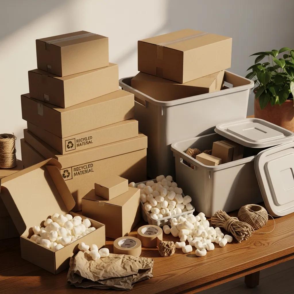 Eco-friendly packing materials including reusable bins and recycled cardboard, highlighting sustainable moving practices