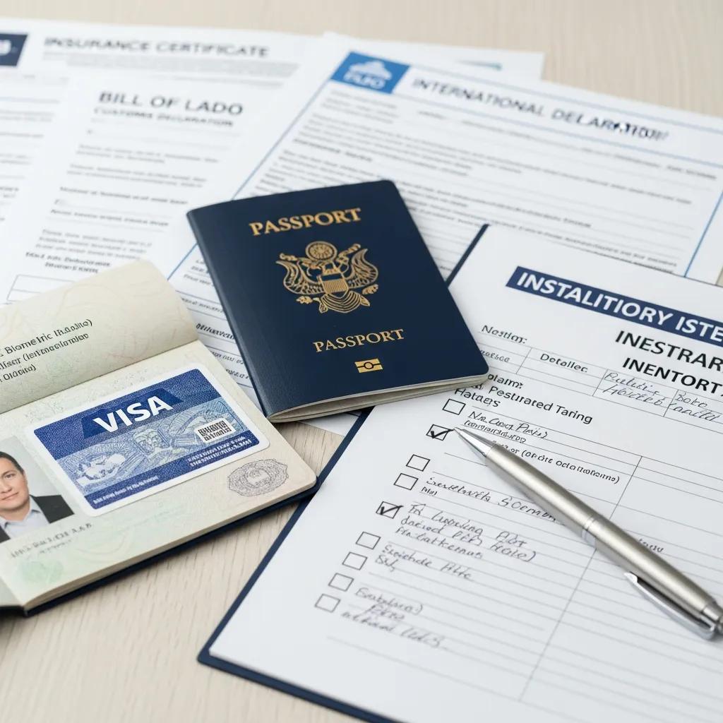 Essential international moving documents including a passport, visa, and inventory checklist, highlighting the importance of proper paperwork for customs processing.