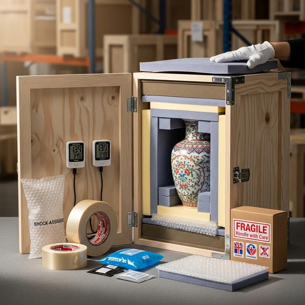 Custom wooden crate with layered cushioning for fragile vase, packing materials including bubble wrap, tape, and humidity control packs, set in a warehouse environment.