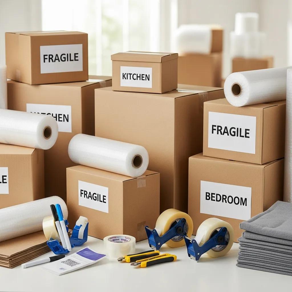 Essential packing supplies for an interstate move including boxes and bubble wrap