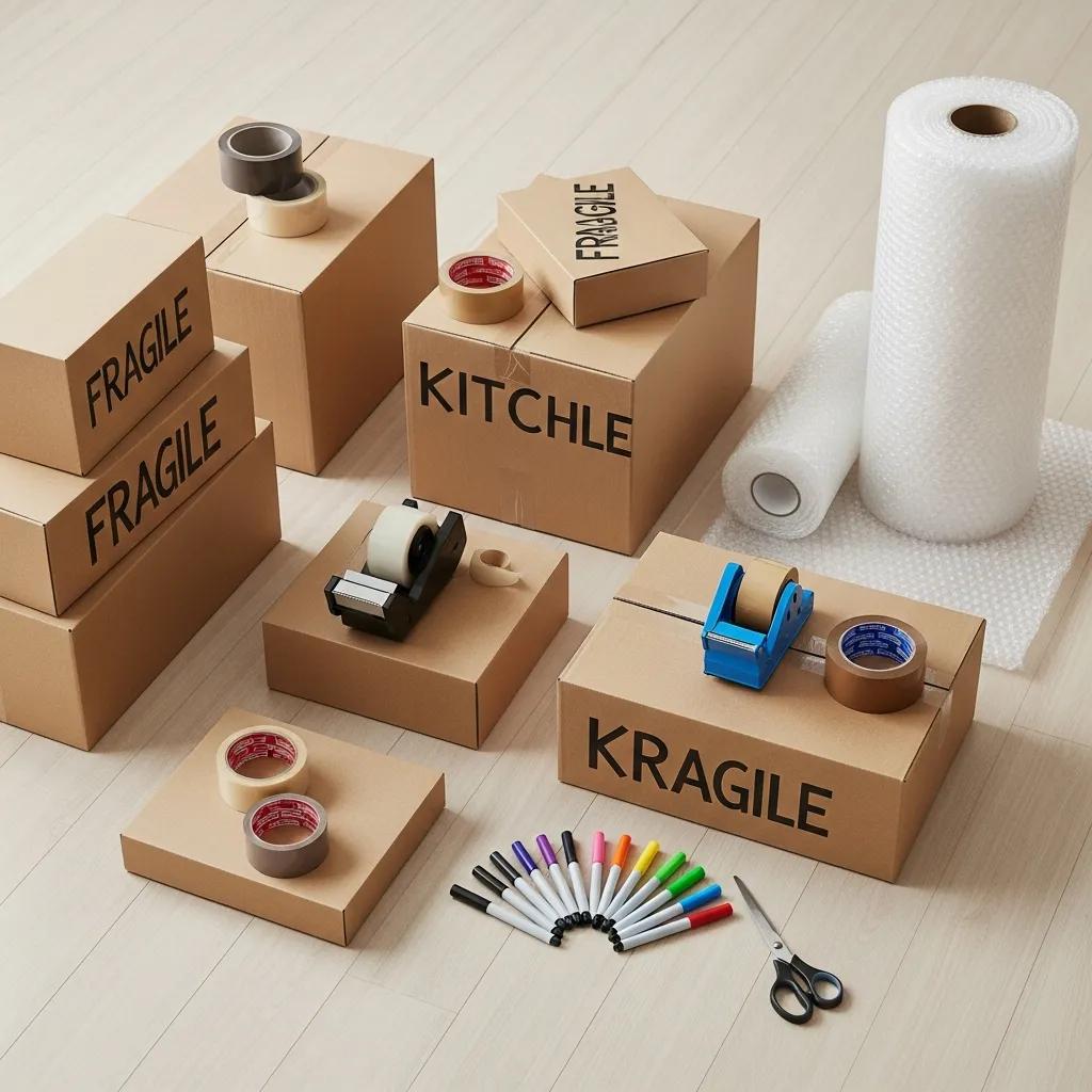 Essential packing supplies for moving, including labeled boxes (fragile, kitchen, kragile), packing tape, bubble wrap, scissors, and markers on a light wooden floor.