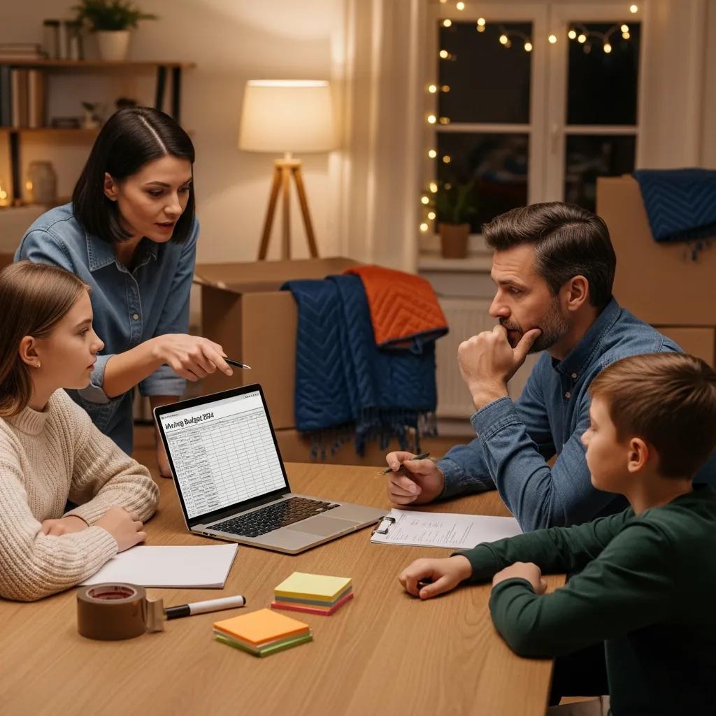Family discussing moving budget around a dining table with a laptop displaying a budget spreadsheet, packing materials, and notes, in a cozy setting with moving boxes in the background.