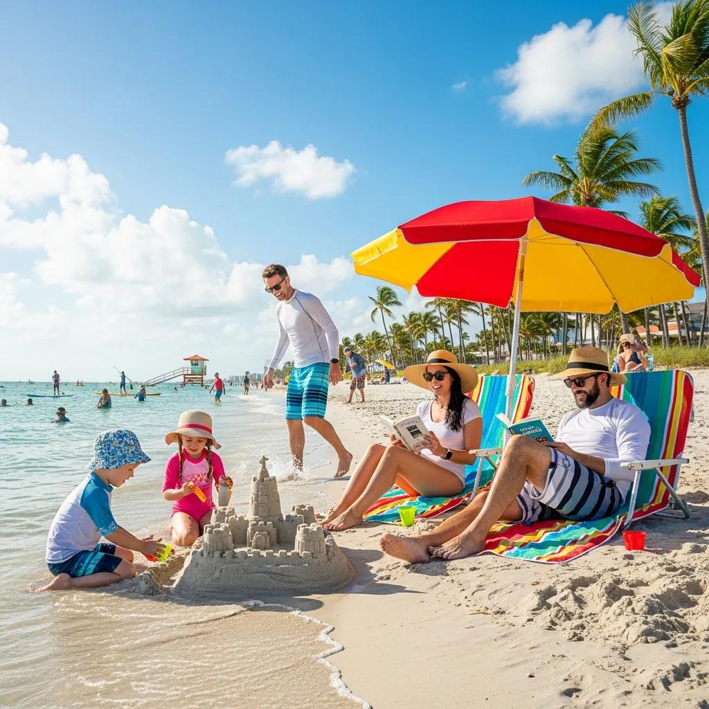 Family enjoying a sunny day at a Florida beach, building a sandcastle and relaxing under a colorful umbrella, highlighting the vibrant lifestyle after moving.