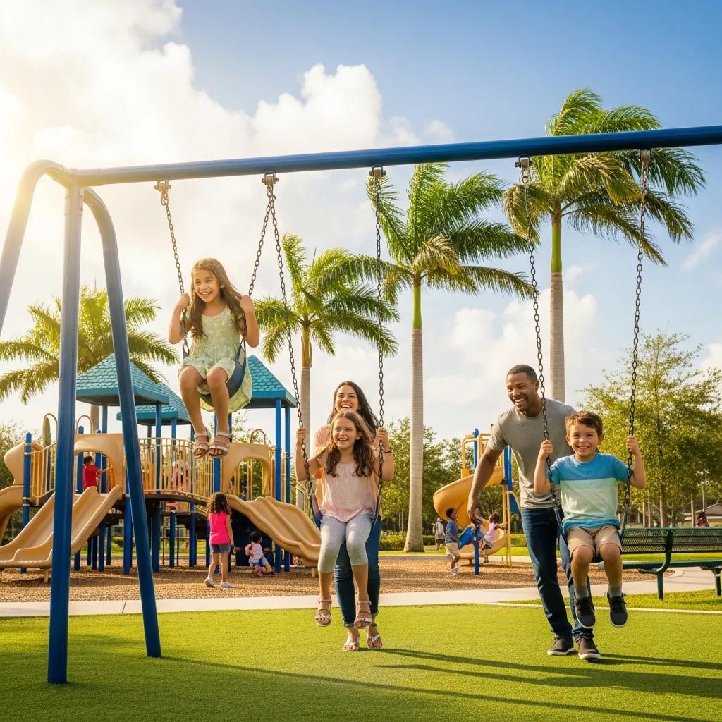 Family enjoying a sunny day at a park in Orlando, with children on swings and playground equipment in the background, representing life after moving from Beacon, NY.