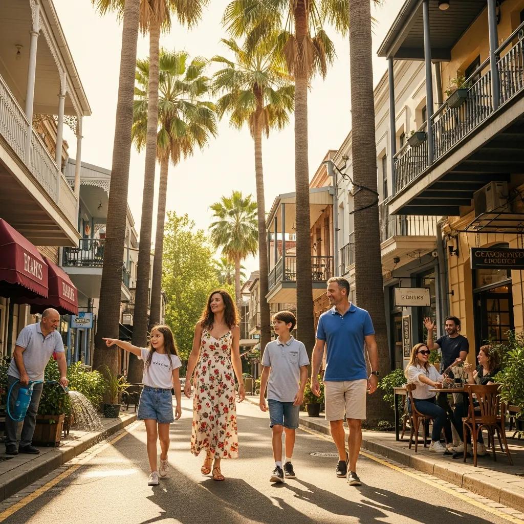 Family exploring a vibrant neighborhood in Georgia, walking among palm trees and local shops, representing settling in after a move.
