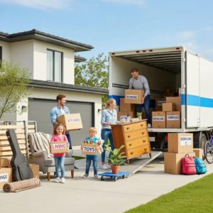 Family packing belongings into a moving truck, illustrating the concept of moving insurance and protection