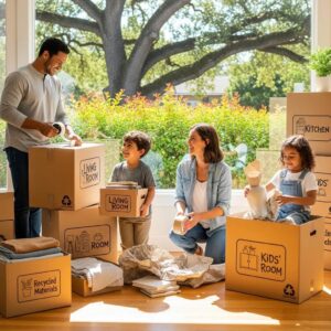 Family packing eco-friendly moving boxes, emphasizing sustainable moving practices