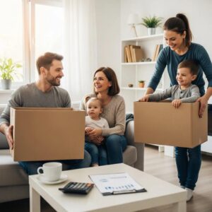 Family packing for a move, emphasizing financial planning and teamwork